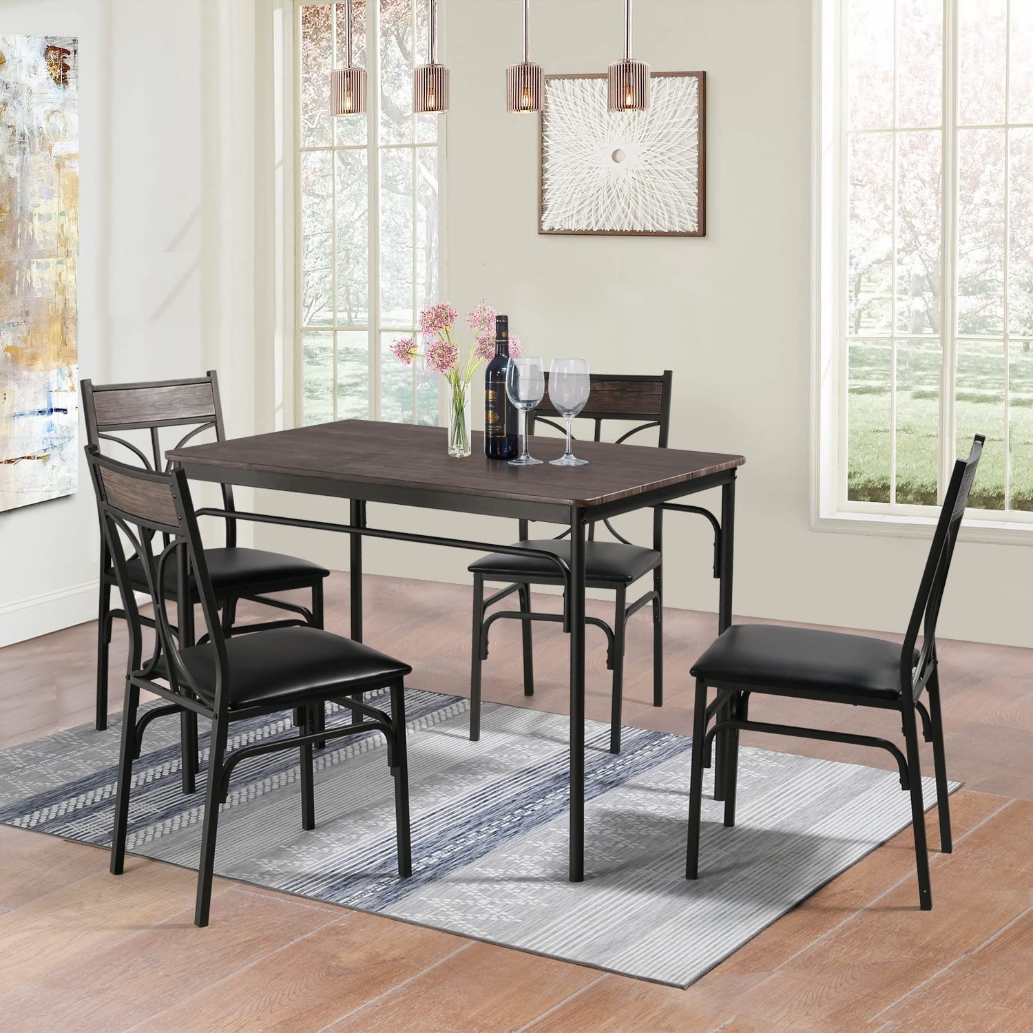 5 Piece Indoor Modern Rectangular Table Dining Set for 4