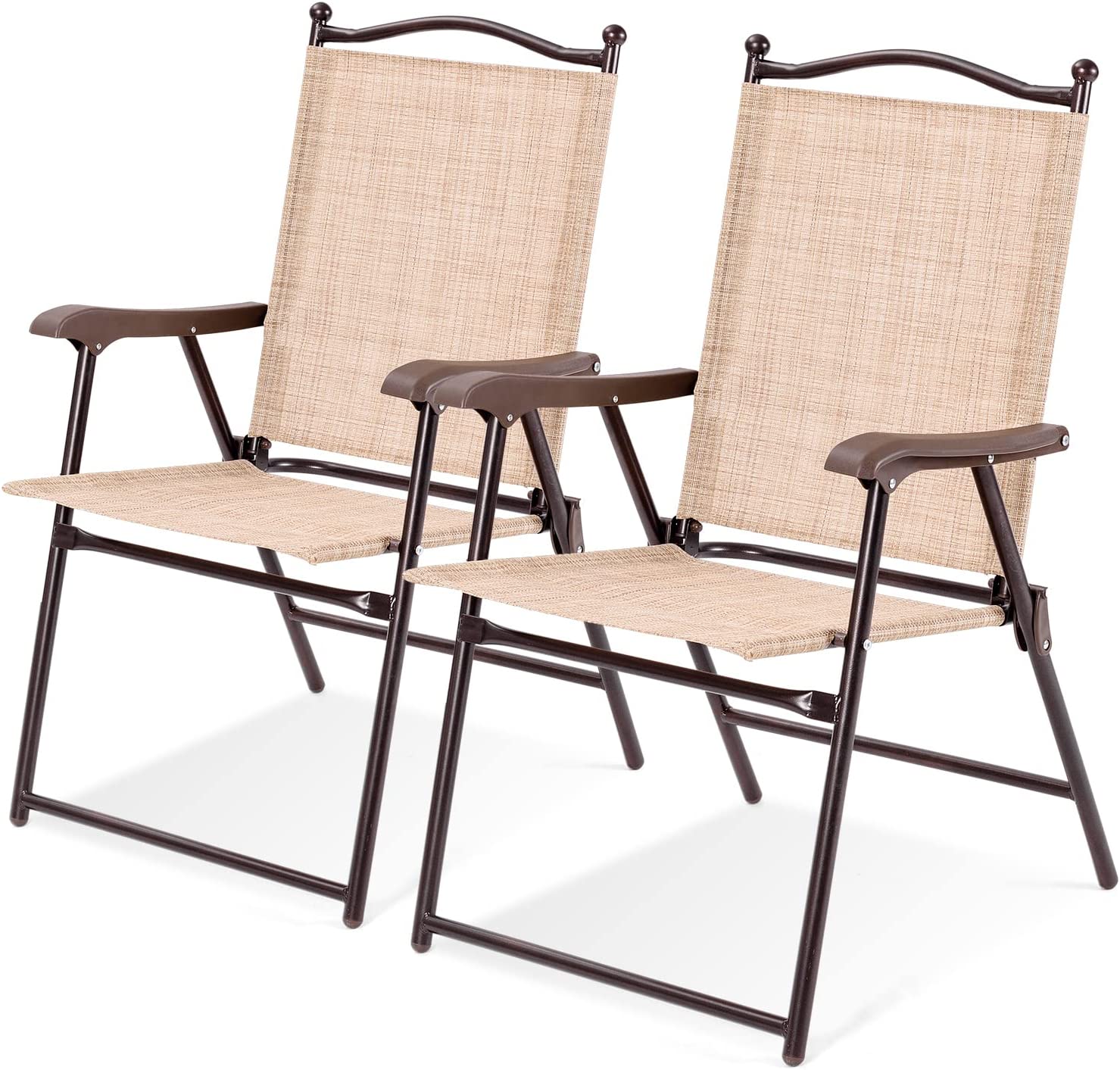 Set of 2 Patio Folding Dining Chairs, Outdoor Sling Lawn Chairs with Armrests, Steel Frame, Portable Camping Lounge Chairs for Backyard, Deck, Poolside and Garden, No Assembly (Beige)