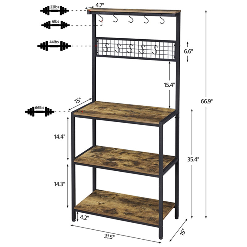 67 inch Wooden Kitchen Bakers Rack with 4 Storage Shelves 10 Hooks Rustic Brown